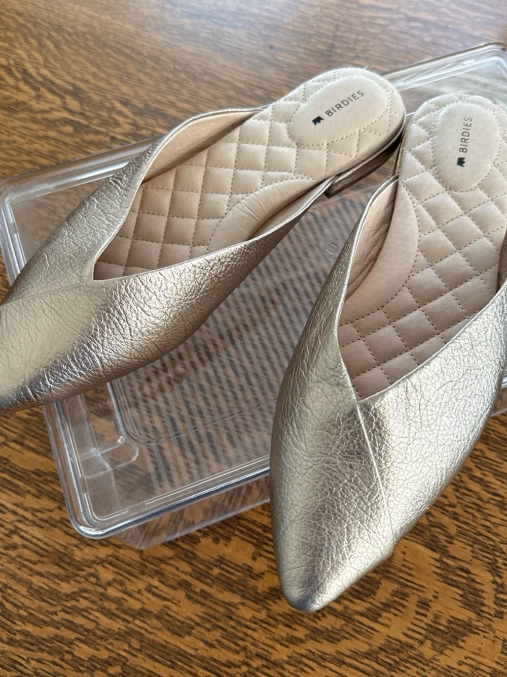 Birdies Metallic Silver Pointed-Toe Slip-On Mules